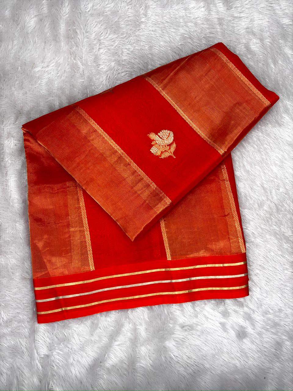 Vermillion Red Kora Designer Kadhua Handloom Saree with Gold Zari Floral Buta & Rich Pallu