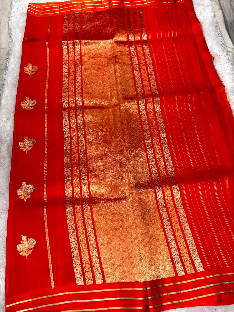 Vermillion Red Kora Designer Kadhua Handloom Saree with Gold Zari Floral Buta & Rich Pallu