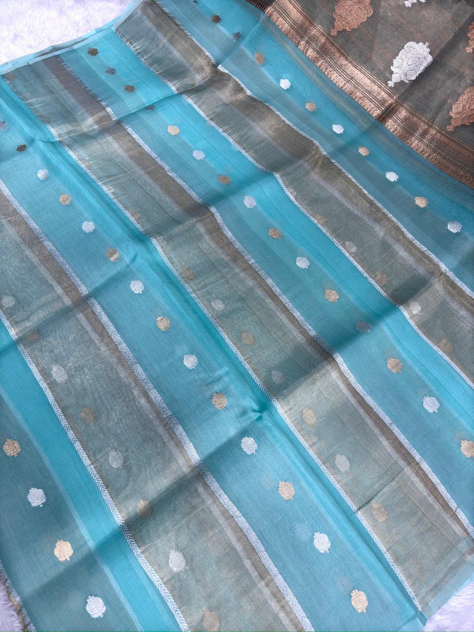 Sea Green Kora Designer Kadhua Handloom Saree with Gold & Silver Zari Buta and Floral Pallu