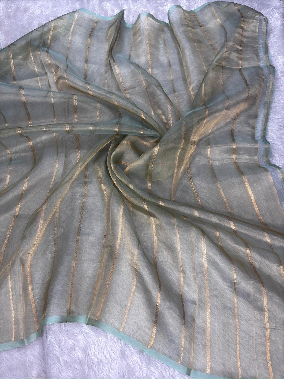 Sea Green Kora Designer Kadhua Handloom Saree with Gold & Silver Zari Buta and Floral Pallu