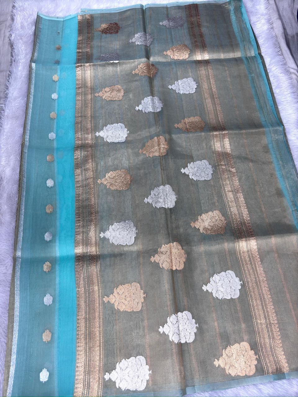 Sea Green Kora Designer Kadhua Handloom Saree with Gold & Silver Zari Buta and Floral Pallu