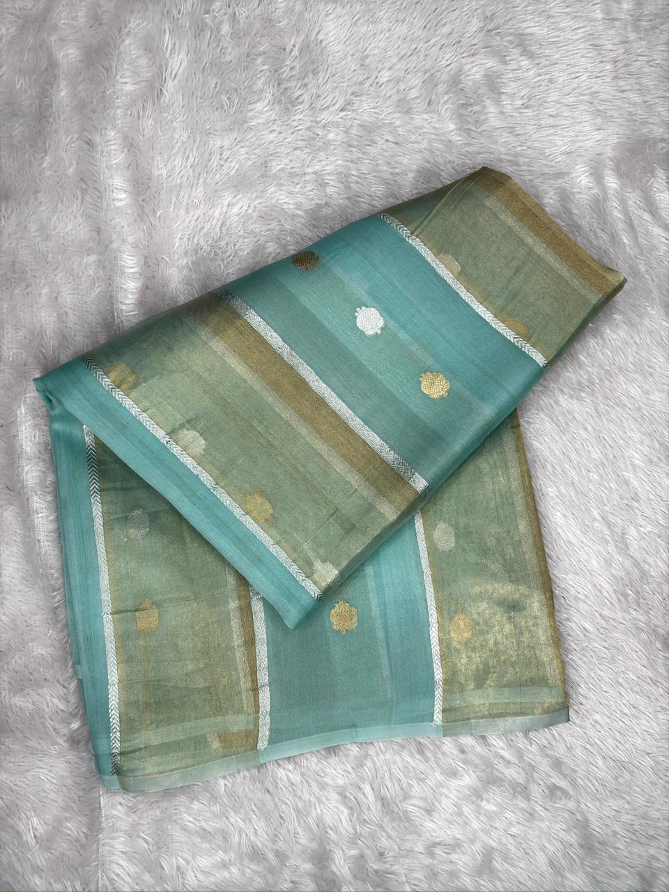 Sea Green Kora Designer Kadhua Handloom Saree with Gold & Silver Zari Buta and Floral Pallu