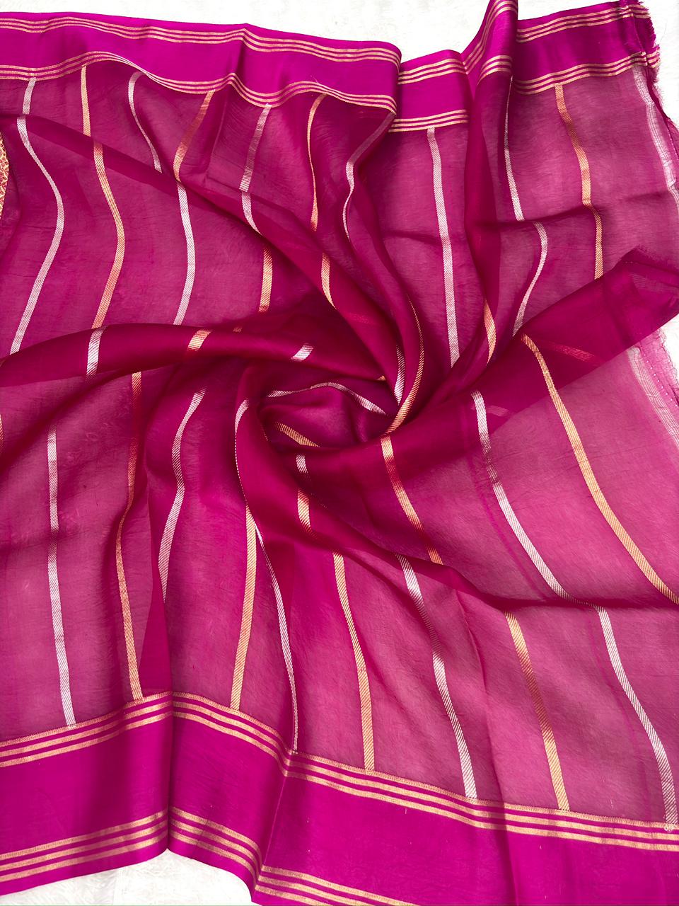 Wine Magenta Kora Designer Kadhua Handloom Saree with Gold Zari Buta & Floral Pallu