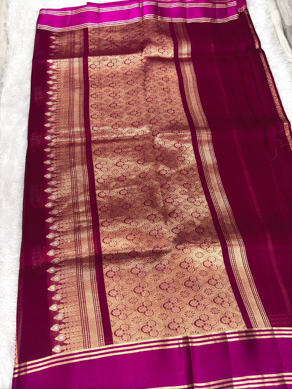 Wine Magenta Kora Designer Kadhua Handloom Saree with Gold Zari Buta & Floral Pallu