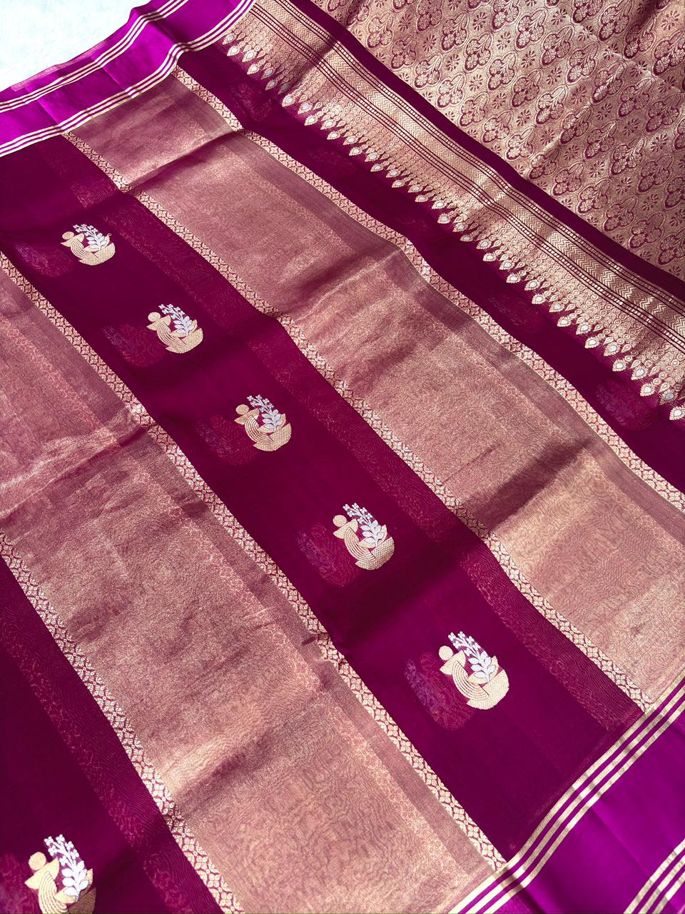 Wine Magenta Kora Designer Kadhua Handloom Saree with Gold Zari Buta & Floral Pallu