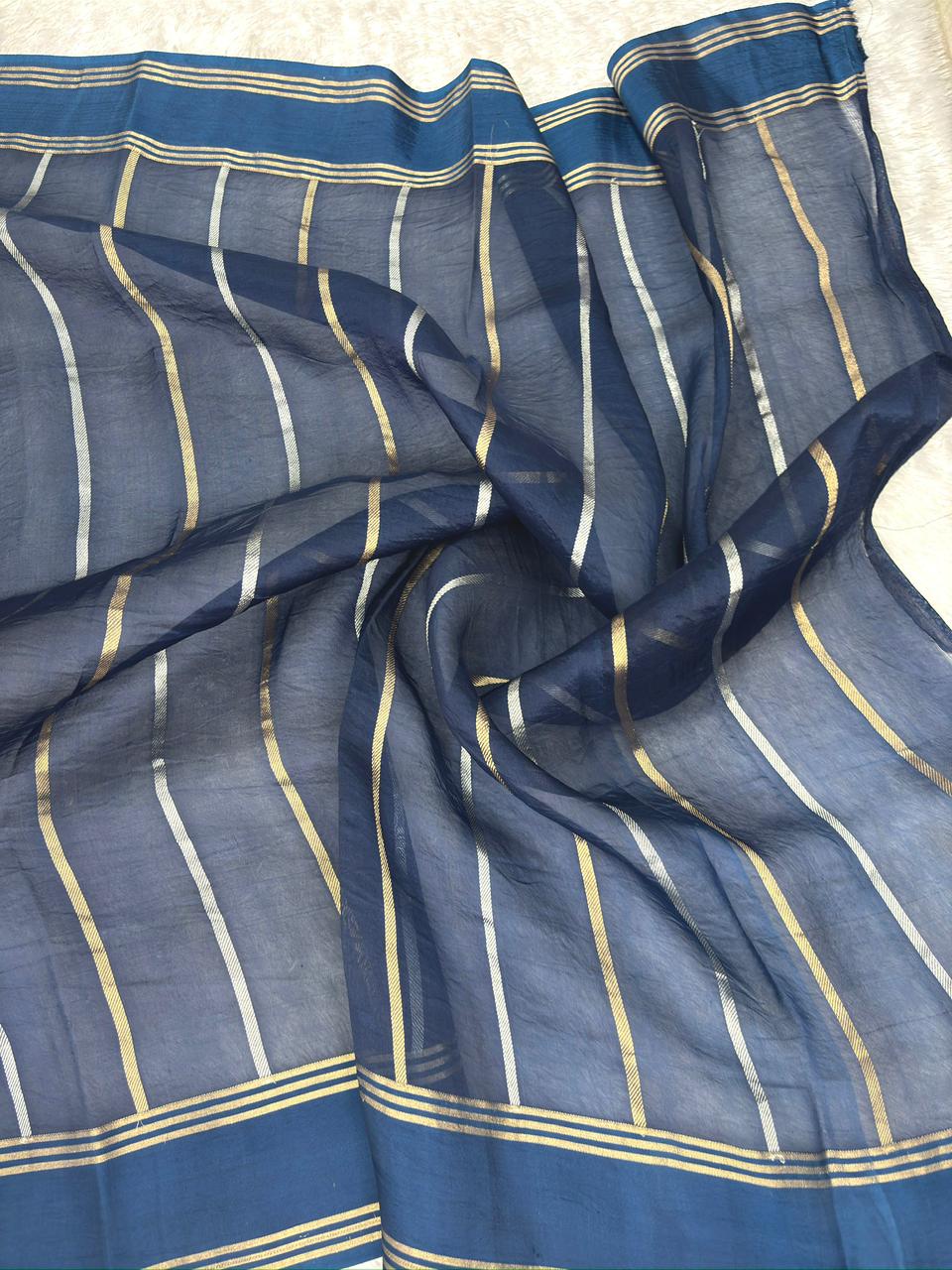 Midnight Navy Blue Kora Designer Kadhua Handloom Saree with Gold Zari Buta & Pallu
