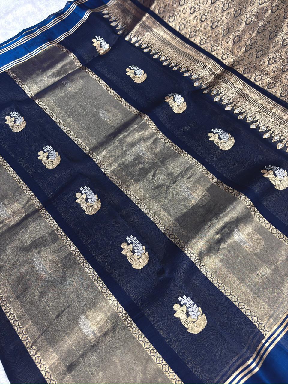 Midnight Navy Blue Kora Designer Kadhua Handloom Saree with Gold Zari Buta & Pallu