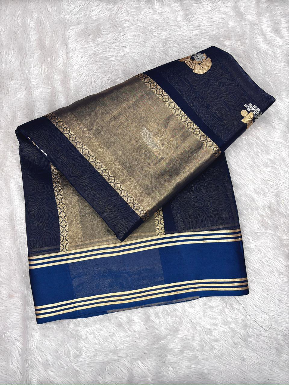 Midnight Navy Blue Kora Designer Kadhua Handloom Saree with Gold Zari Buta & Pallu