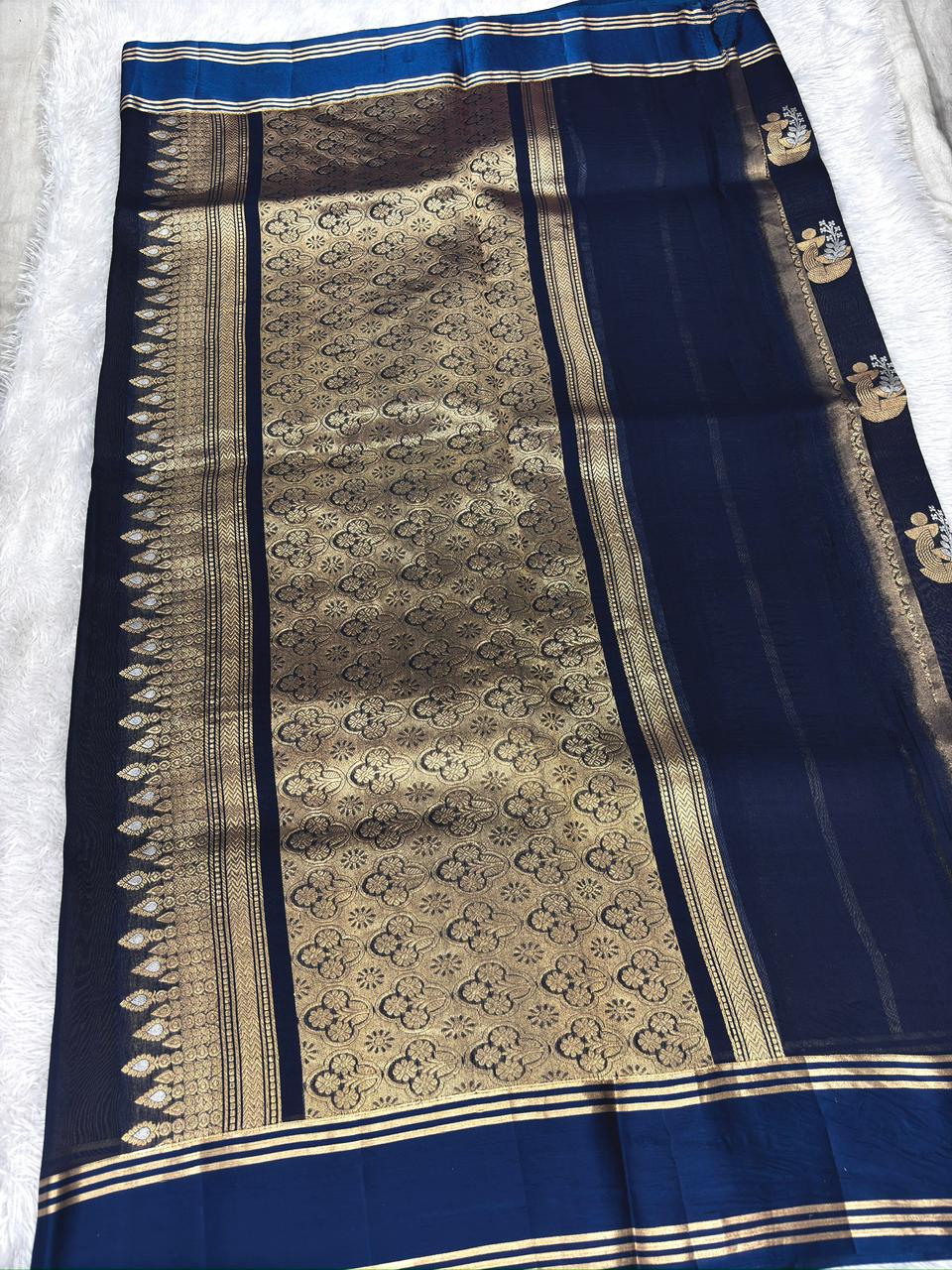 Midnight Navy Blue Kora Designer Kadhua Handloom Saree with Gold Zari Buta & Pallu