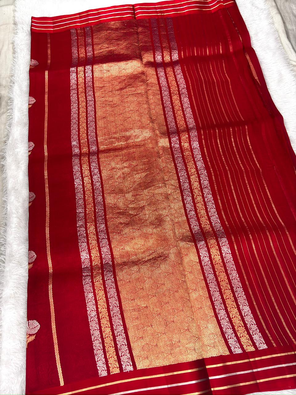 Crimson Red Kora Designer Kadhua Handloom Saree with Gold Zari Floral Buta & Pallu