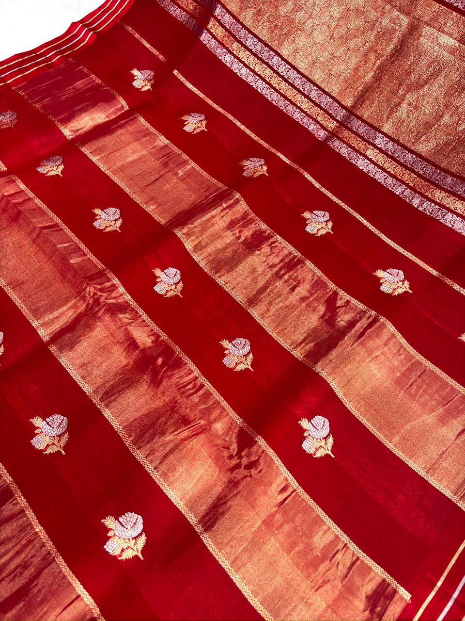 Crimson Red Kora Designer Kadhua Handloom Saree with Gold Zari Floral Buta & Pallu