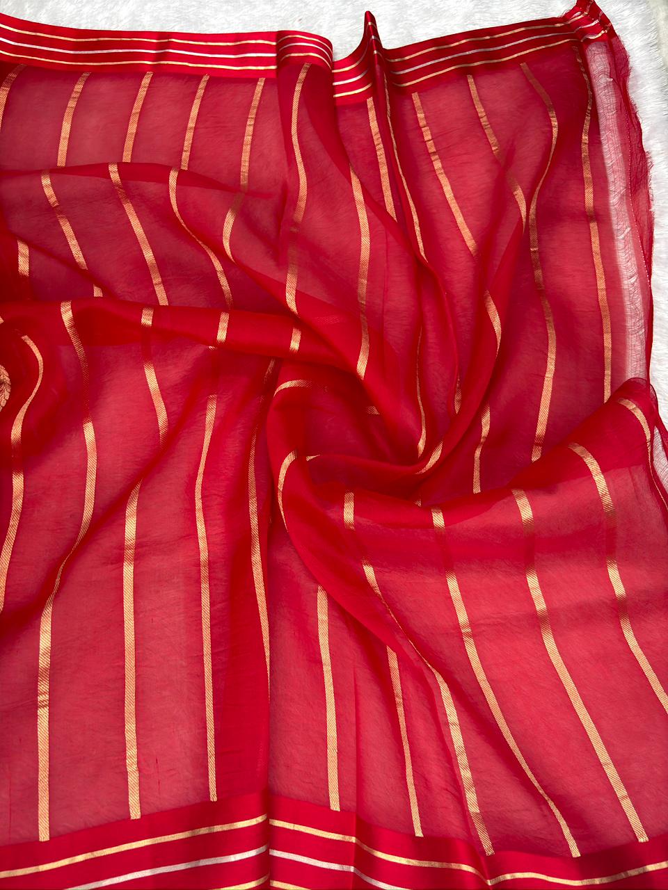 Crimson Red Kora Designer Kadhua Handloom Saree with Gold Zari Floral Buta & Pallu