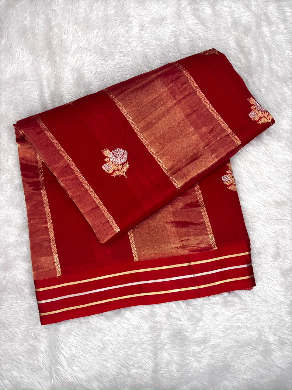 Crimson Red Kora Designer Kadhua Handloom Saree with Gold Zari Floral Buta & Pallu