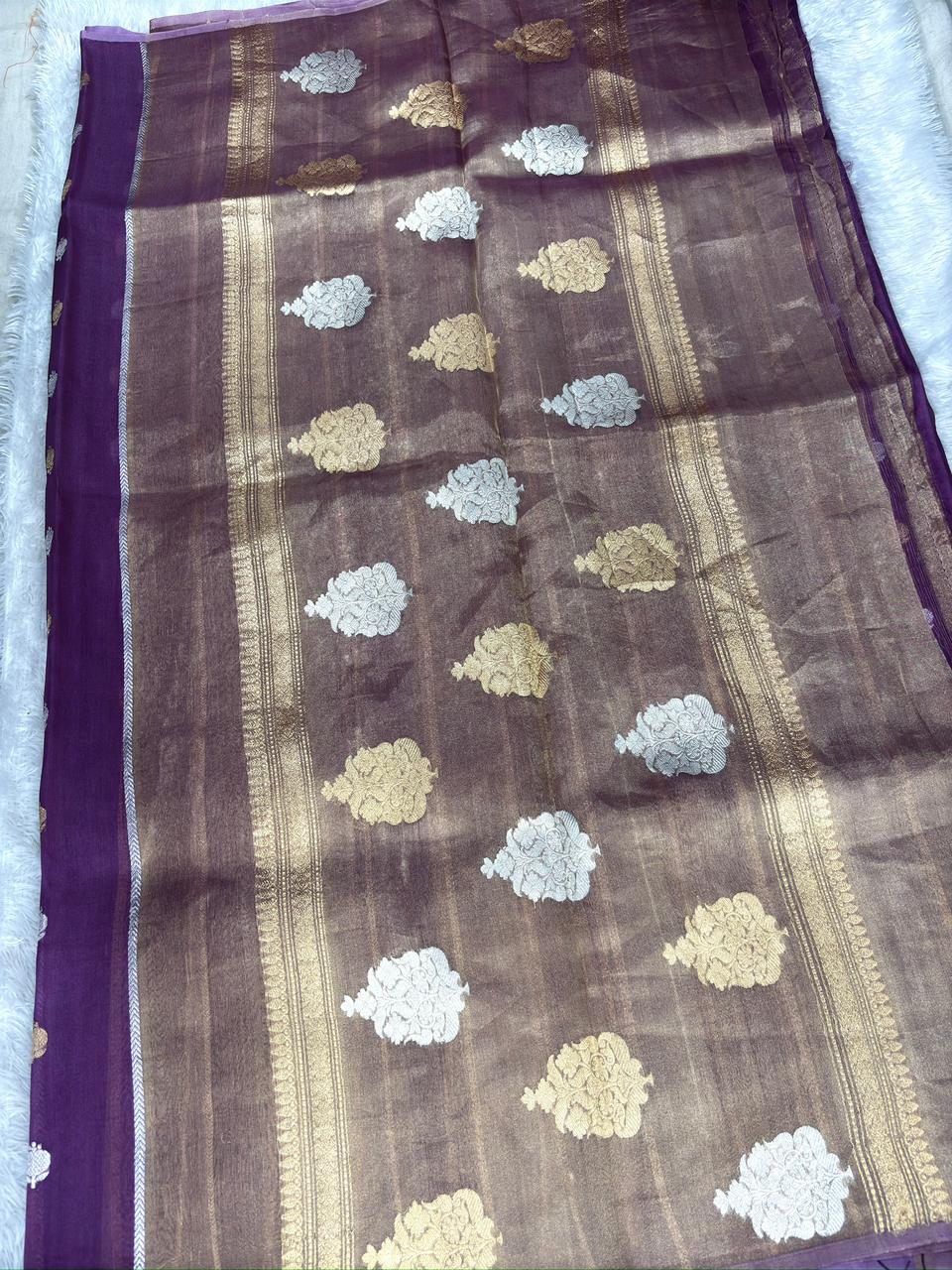 Plum Purple Kora Designer Kadhua Handloom Saree with Gold & Silver Zari Buta