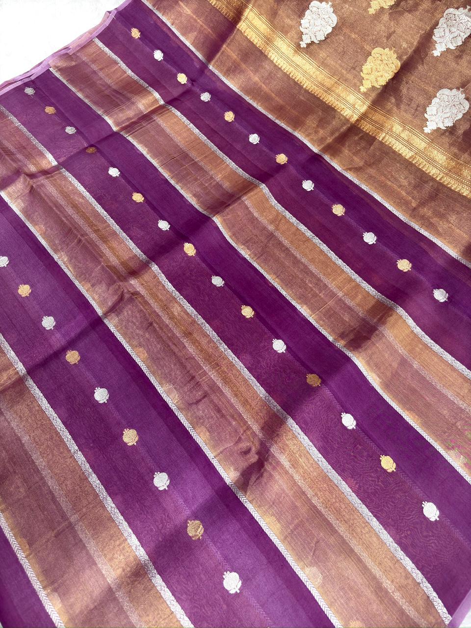 Plum Purple Kora Designer Kadhua Handloom Saree with Gold & Silver Zari Buta