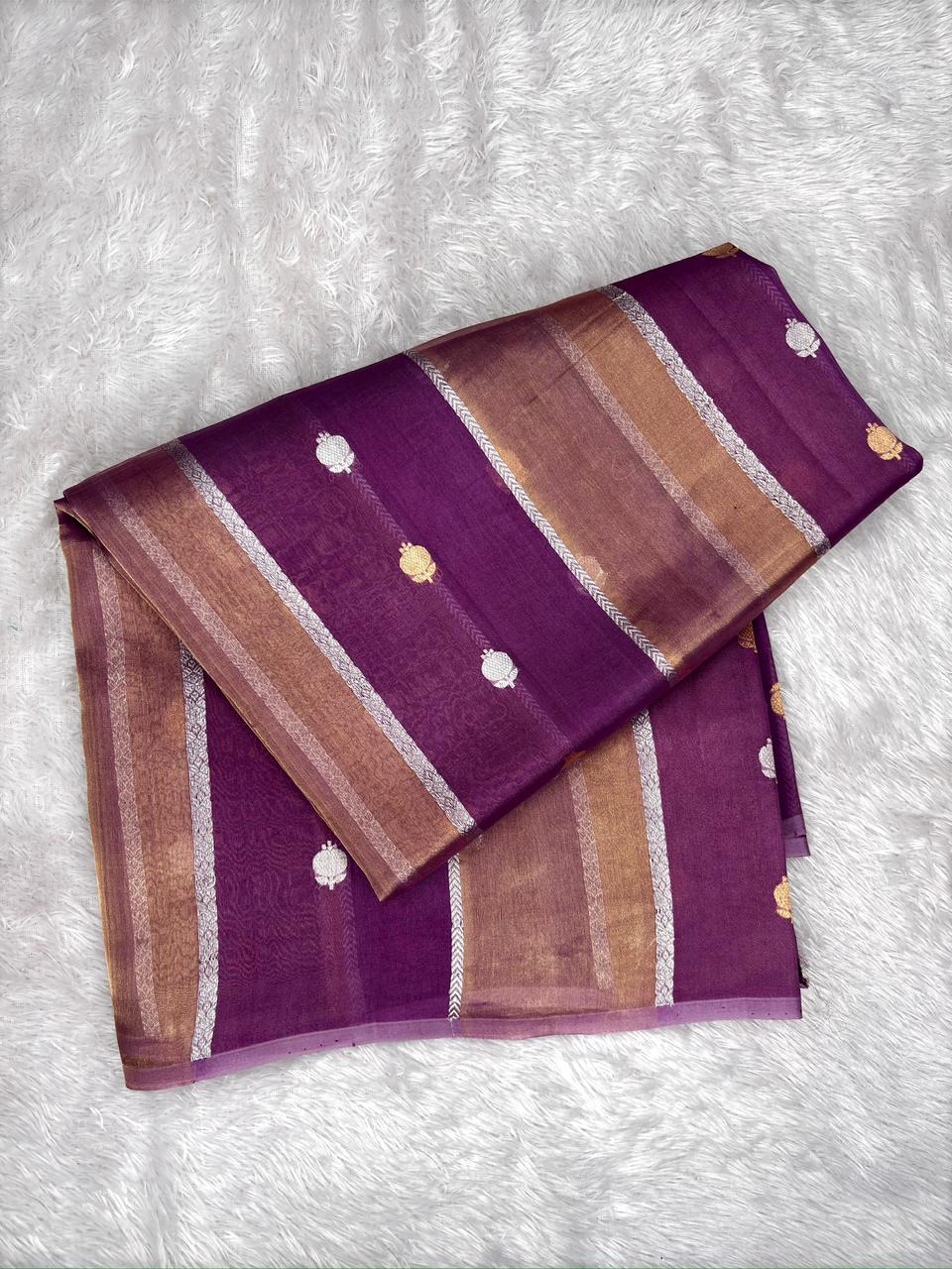 Plum Purple Kora Designer Kadhua Handloom Saree with Gold & Silver Zari Buta