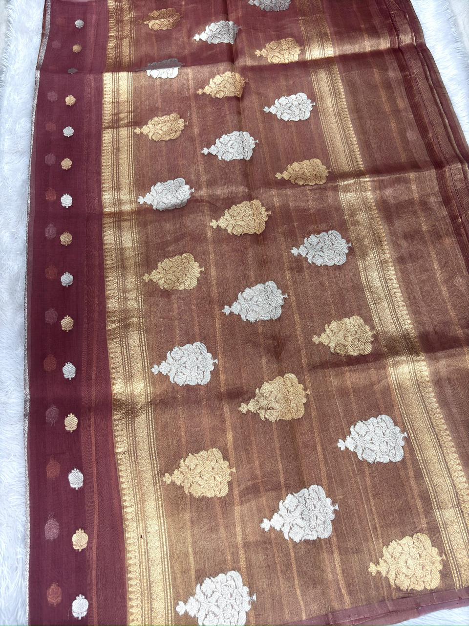 Deep Maroon Kora Designer Kadhua Handloom Saree with Gold & Silver Zari Buta