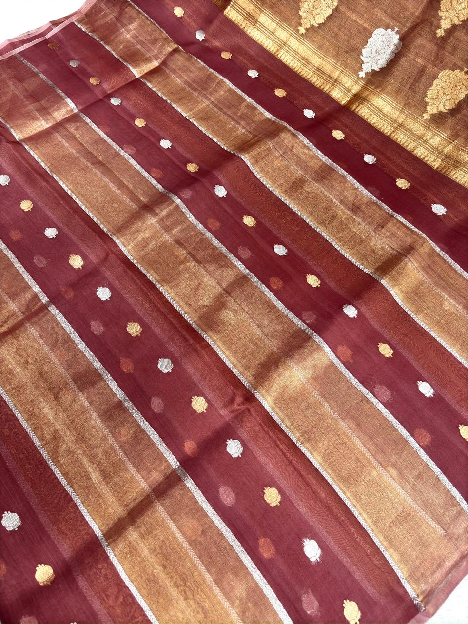 Deep Maroon Kora Designer Kadhua Handloom Saree with Gold & Silver Zari Buta