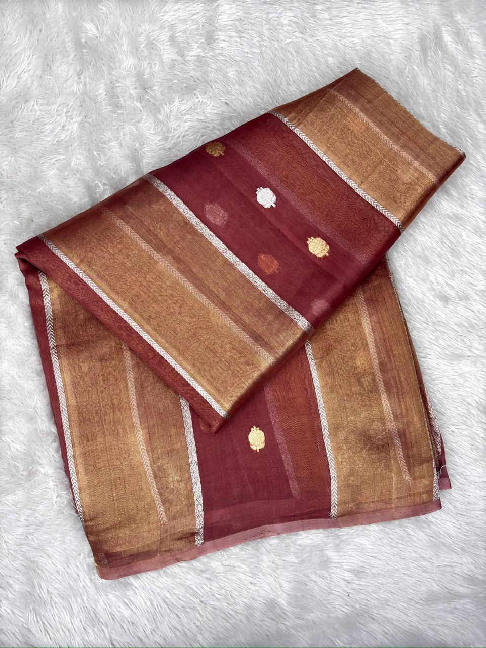 Deep Maroon Kora Designer Kadhua Handloom Saree with Gold & Silver Zari Buta