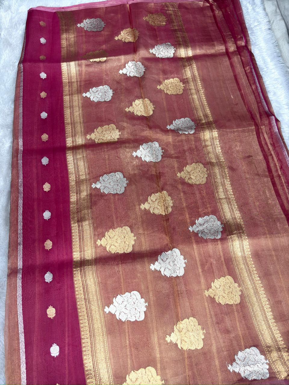 Wine Pink Kora Designer Kadhua Handloom Saree with Gold & Silver Zari Buta