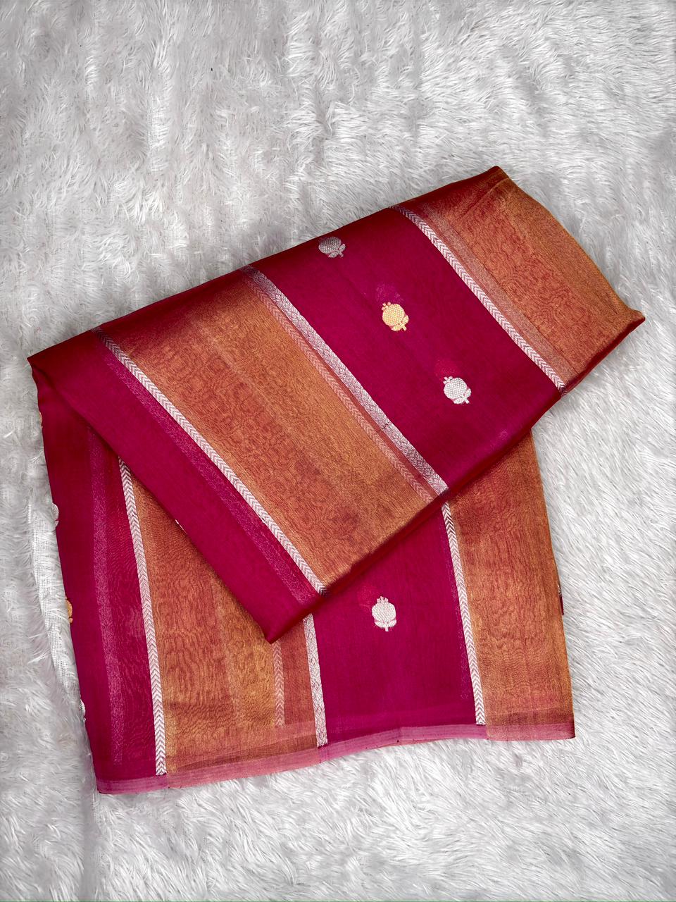 Wine Pink Kora Designer Kadhua Handloom Saree with Gold & Silver Zari Buta