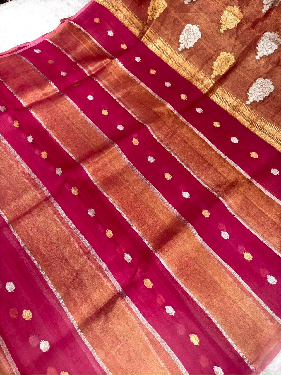Wine Pink Kora Designer Kadhua Handloom Saree with Gold & Silver Zari Buta