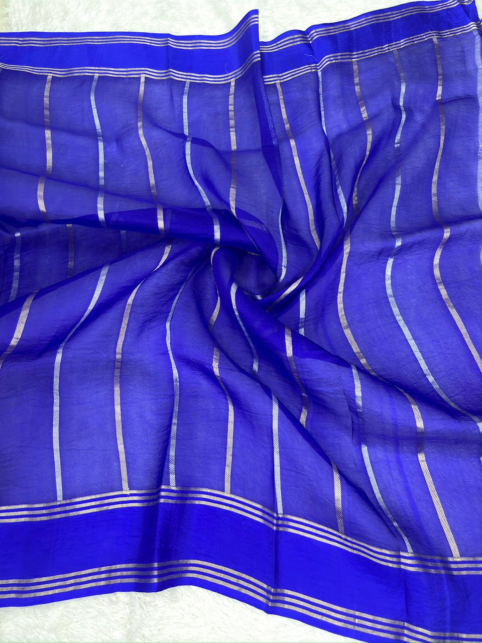 Royal Blue Kora Designer Kadhua Handloom Saree with Silver Zari Buta & Pallu