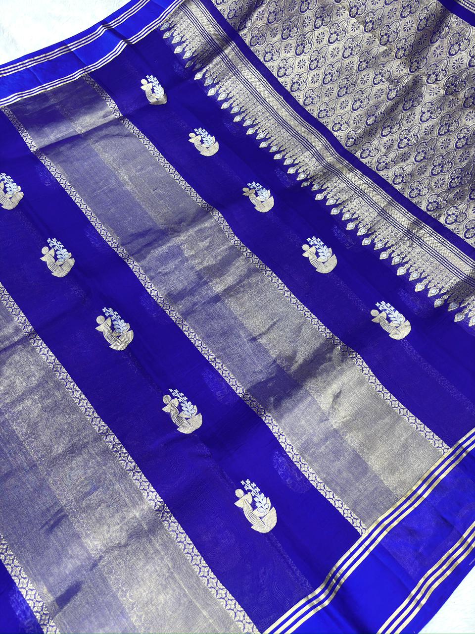 Royal Blue Kora Designer Kadhua Handloom Saree with Silver Zari Buta & Pallu