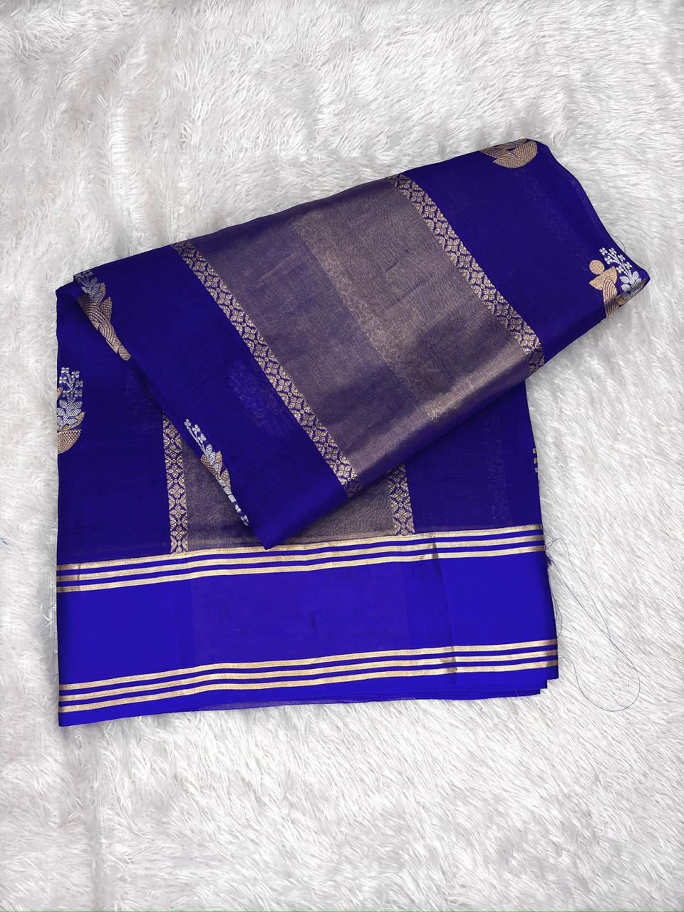 Royal Blue Kora Designer Kadhua Handloom Saree with Silver Zari Buta & Pallu