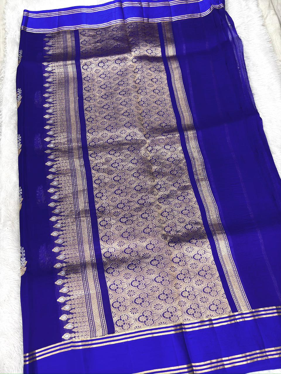 Royal Blue Kora Designer Kadhua Handloom Saree with Silver Zari Buta & Pallu