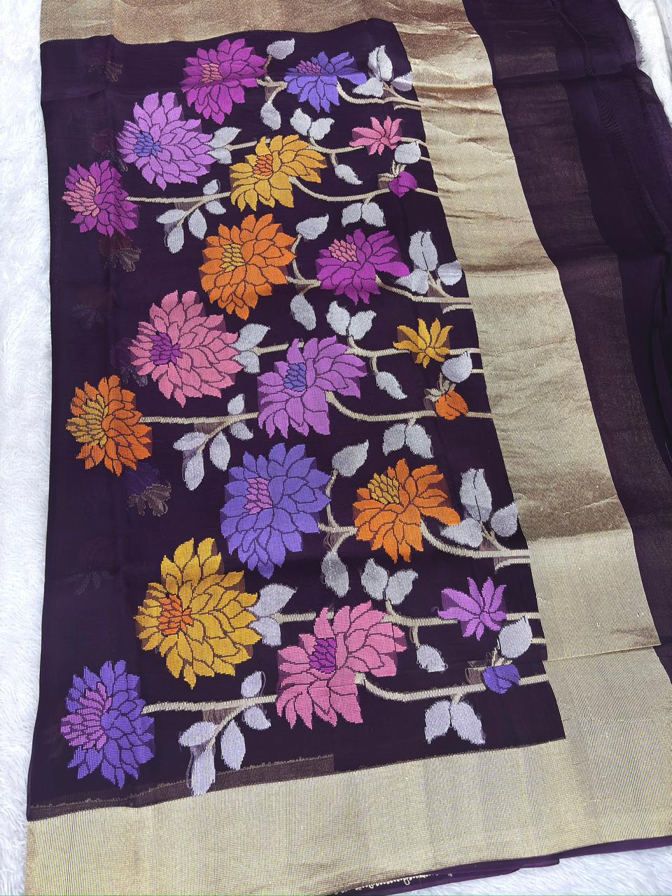 Royal Wine Kora Kadhua Jamdani Handloom Saree with Multicolour Floral Jaal
