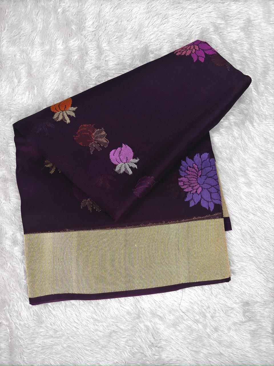 Royal Wine Kora Kadhua Jamdani Handloom Saree with Multicolour Floral Jaal