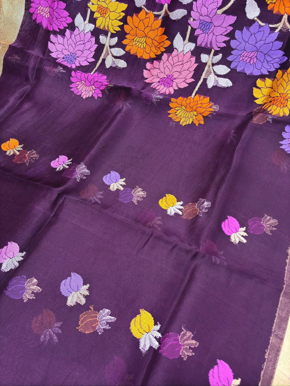 Royal Wine Kora Kadhua Jamdani Handloom Saree with Multicolour Floral Jaal