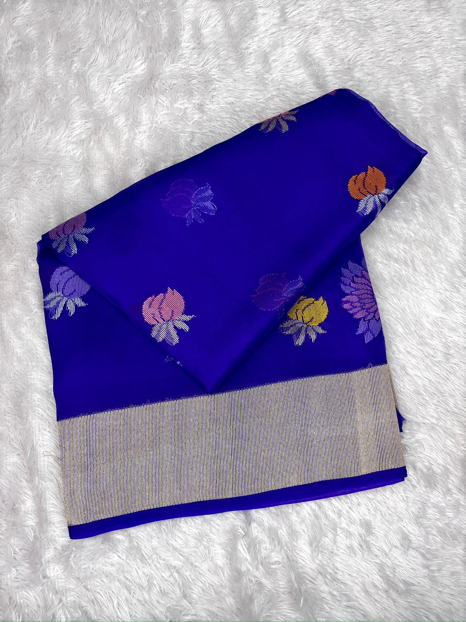Royal Blue Kora Kadhua Jamdani Handloom Saree with Multicolor Floral Pallu