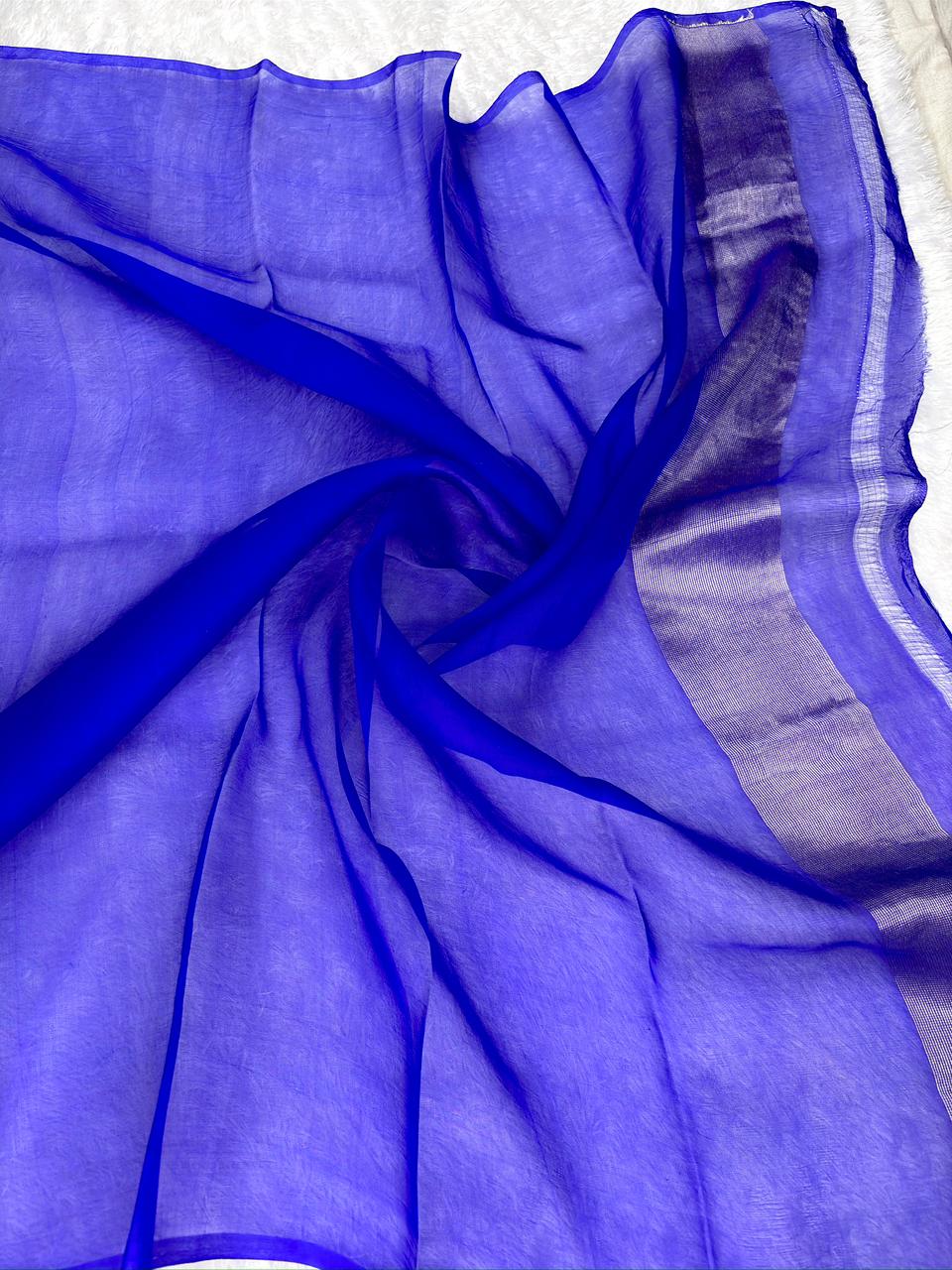 Royal Blue Kora Kadhua Jamdani Handloom Saree with Multicolor Floral Pallu