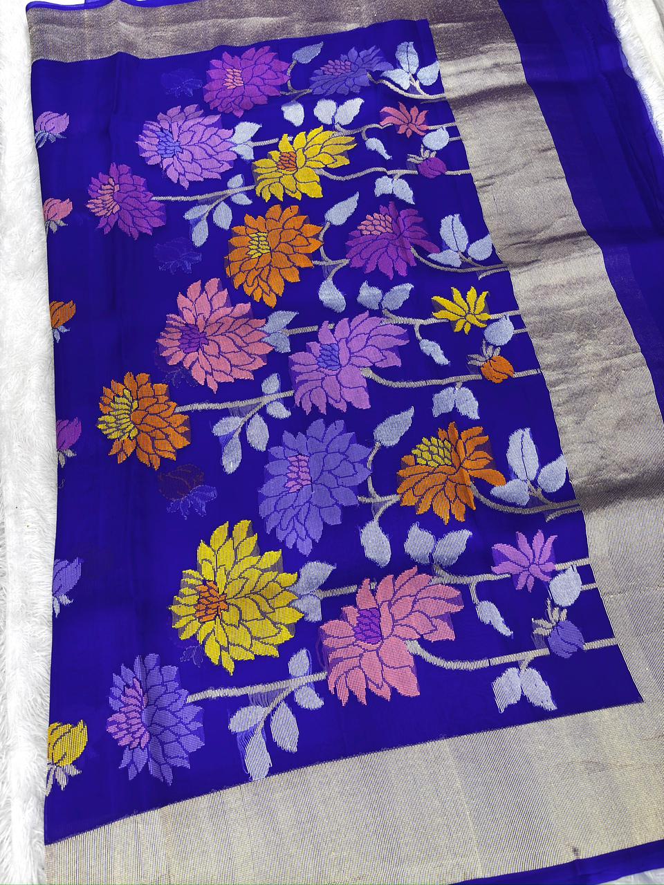 Royal Blue Kora Kadhua Jamdani Handloom Saree with Multicolor Floral Pallu