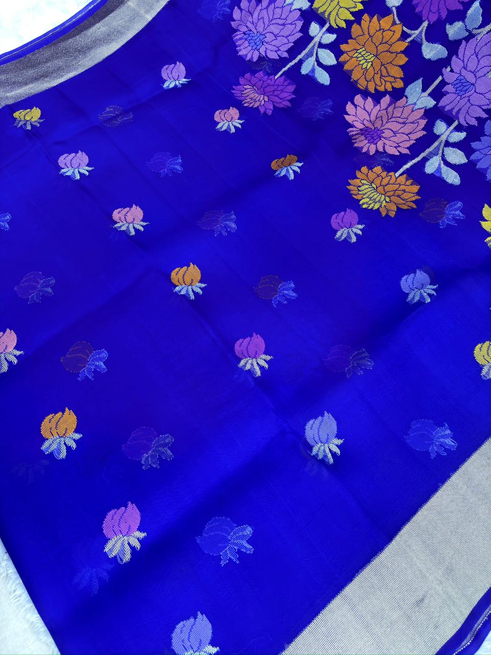Royal Blue Kora Kadhua Jamdani Handloom Saree with Multicolor Floral Pallu