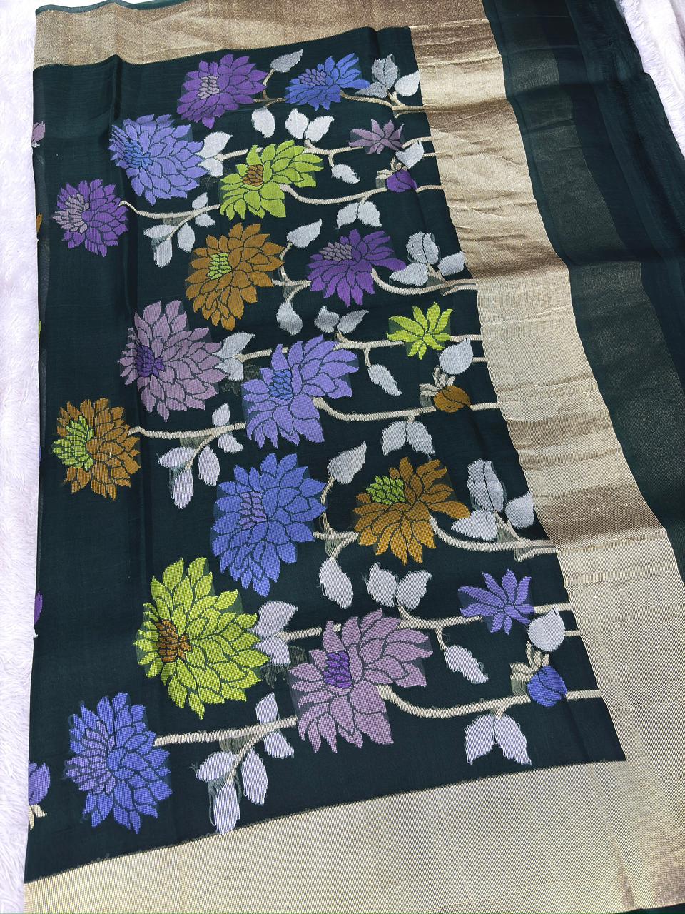 Emerald Forest Green Kora Kadhua Jamdani Handloom Saree with Multicolour Floral Jaal