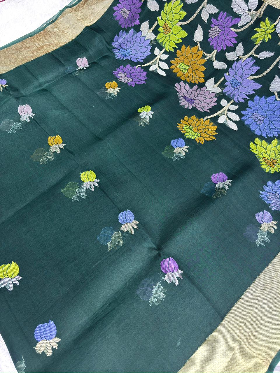 Emerald Forest Green Kora Kadhua Jamdani Handloom Saree with Multicolour Floral Jaal