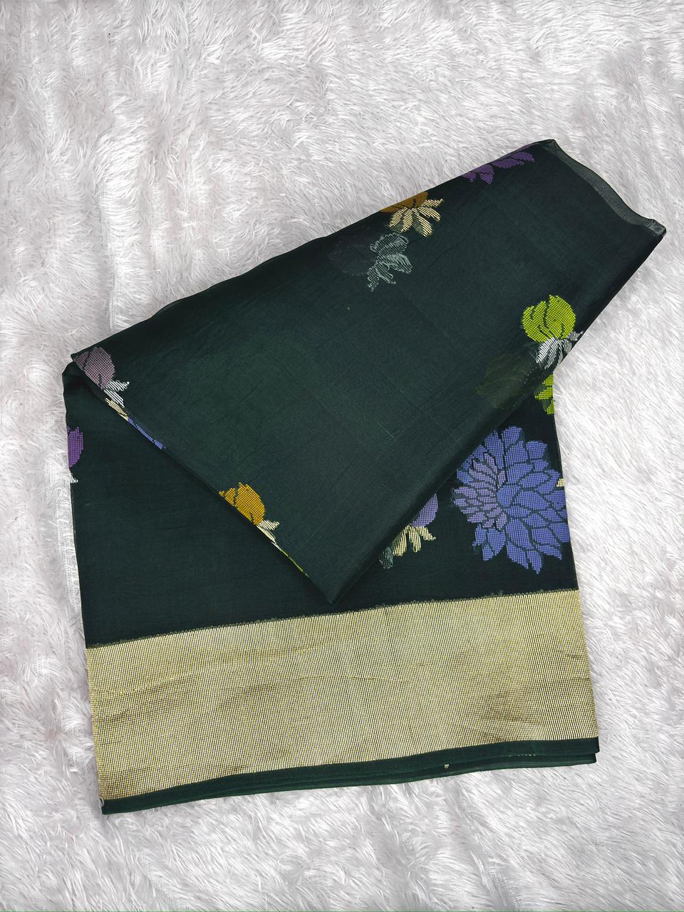 Emerald Forest Green Kora Kadhua Jamdani Handloom Saree with Multicolour Floral Jaal
