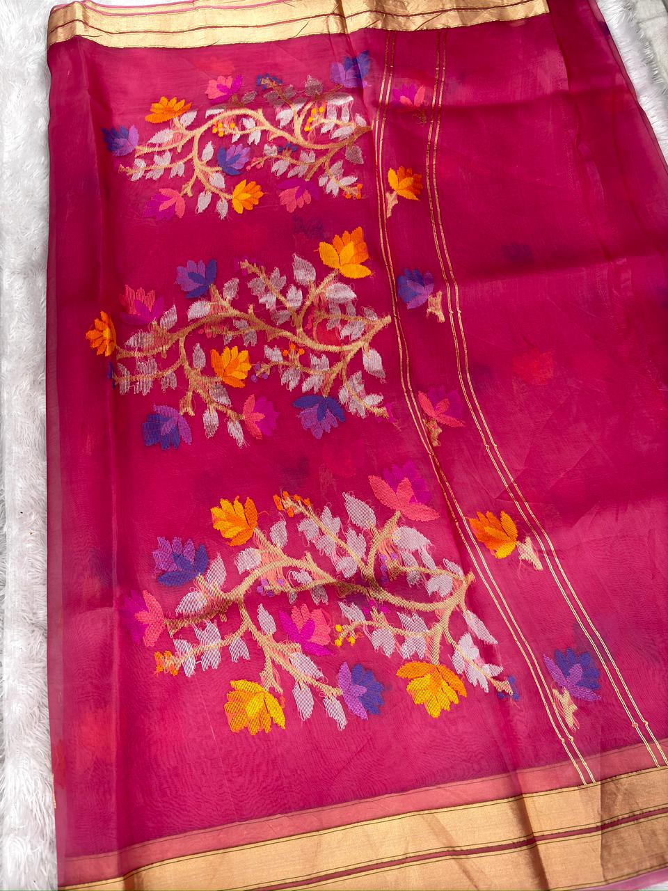 Royal Rani Pink Kora Kadhua Jamdani Handloom Saree with Multicolour Floral Jaal