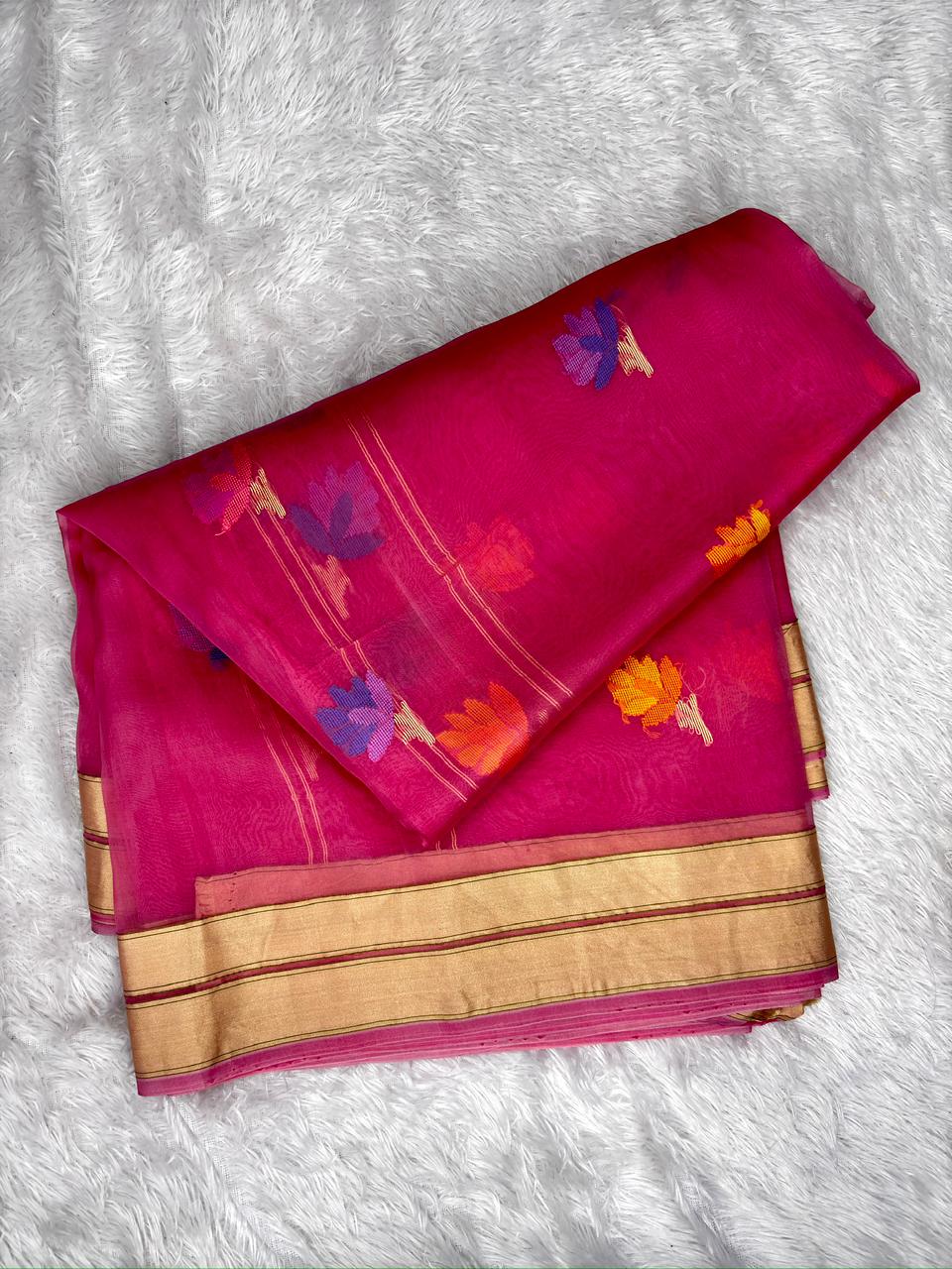 Royal Rani Pink Kora Kadhua Jamdani Handloom Saree with Multicolour Floral Jaal