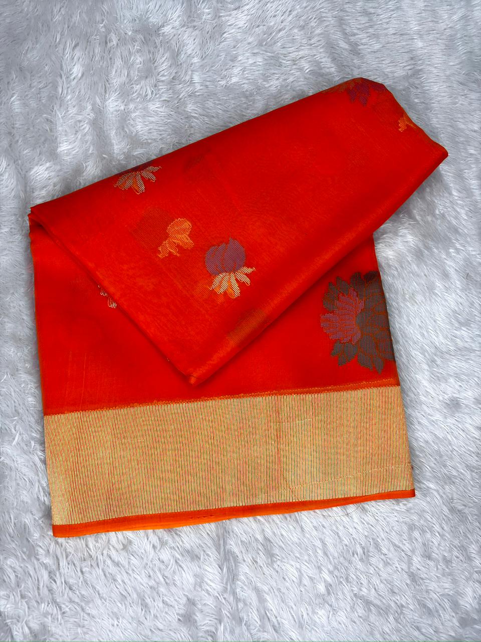 Sunset Orange Kora Kadhua Jamdani Handloom Saree with Multicolour Floral Jaal