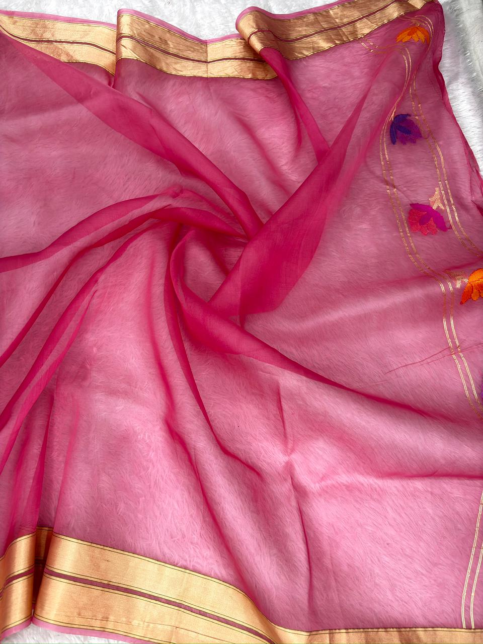Royal Rani Pink Kora Kadhua Jamdani Handloom Saree with Multicolour Floral Jaal