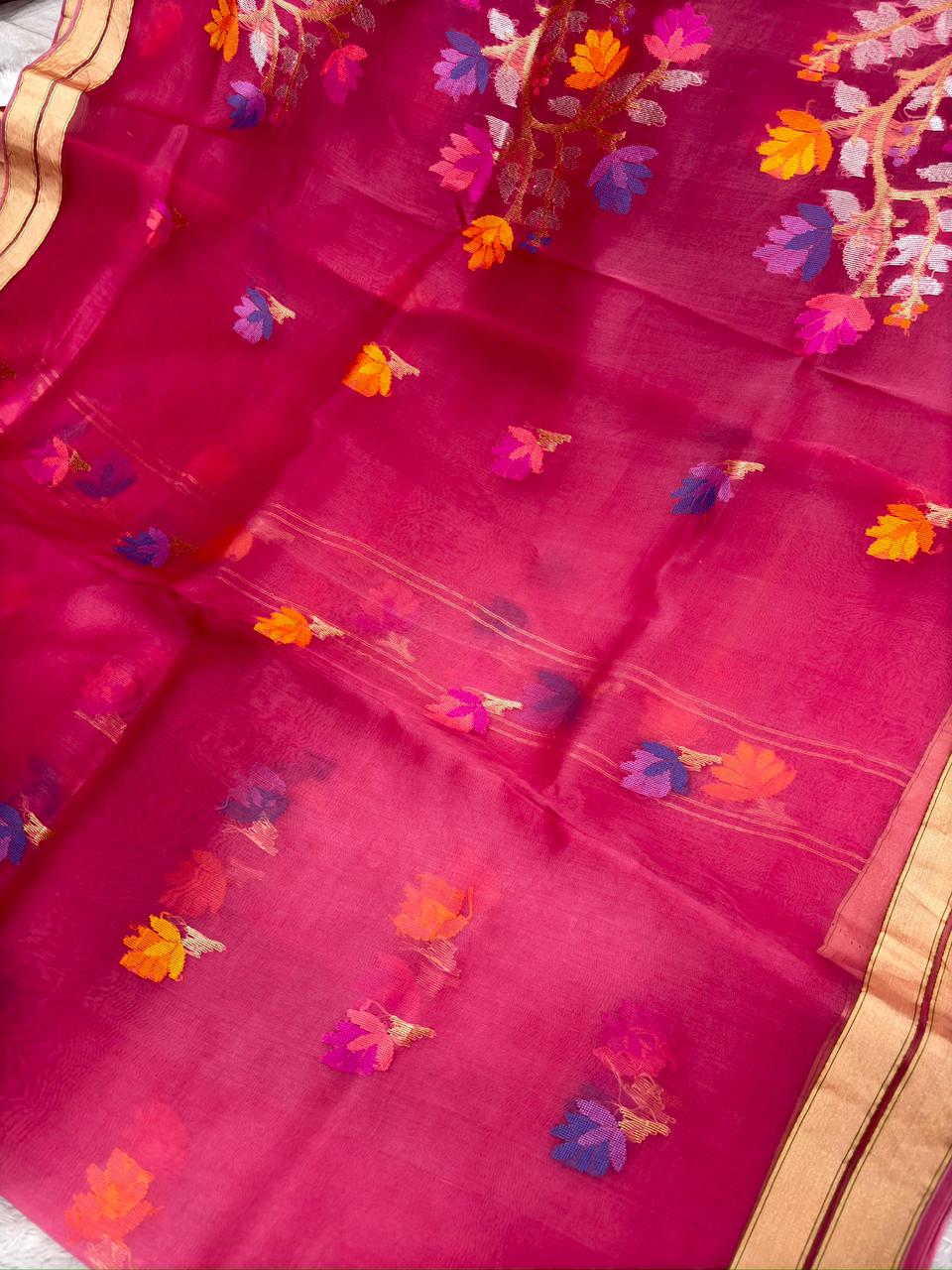 Royal Rani Pink Kora Kadhua Jamdani Handloom Saree with Multicolour Floral Jaal