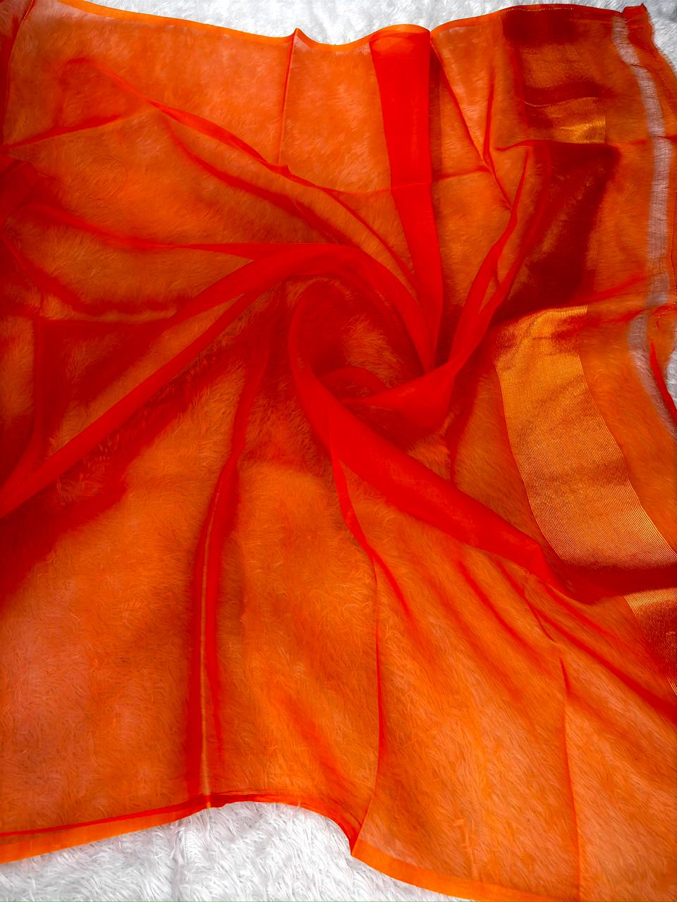 Sunset Orange Kora Kadhua Jamdani Handloom Saree with Multicolour Floral Jaal