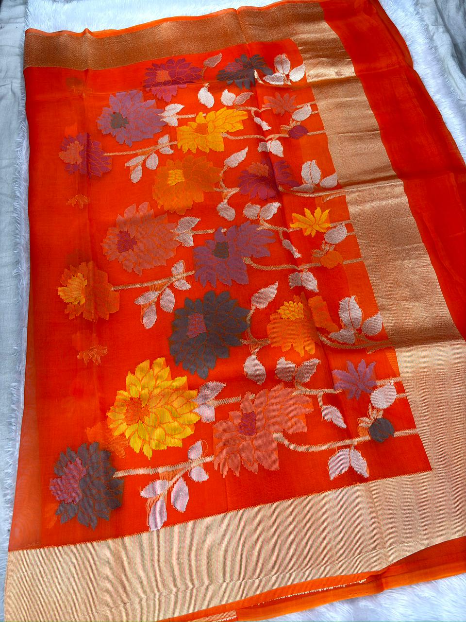 Sunset Orange Kora Kadhua Jamdani Handloom Saree with Multicolour Floral Jaal