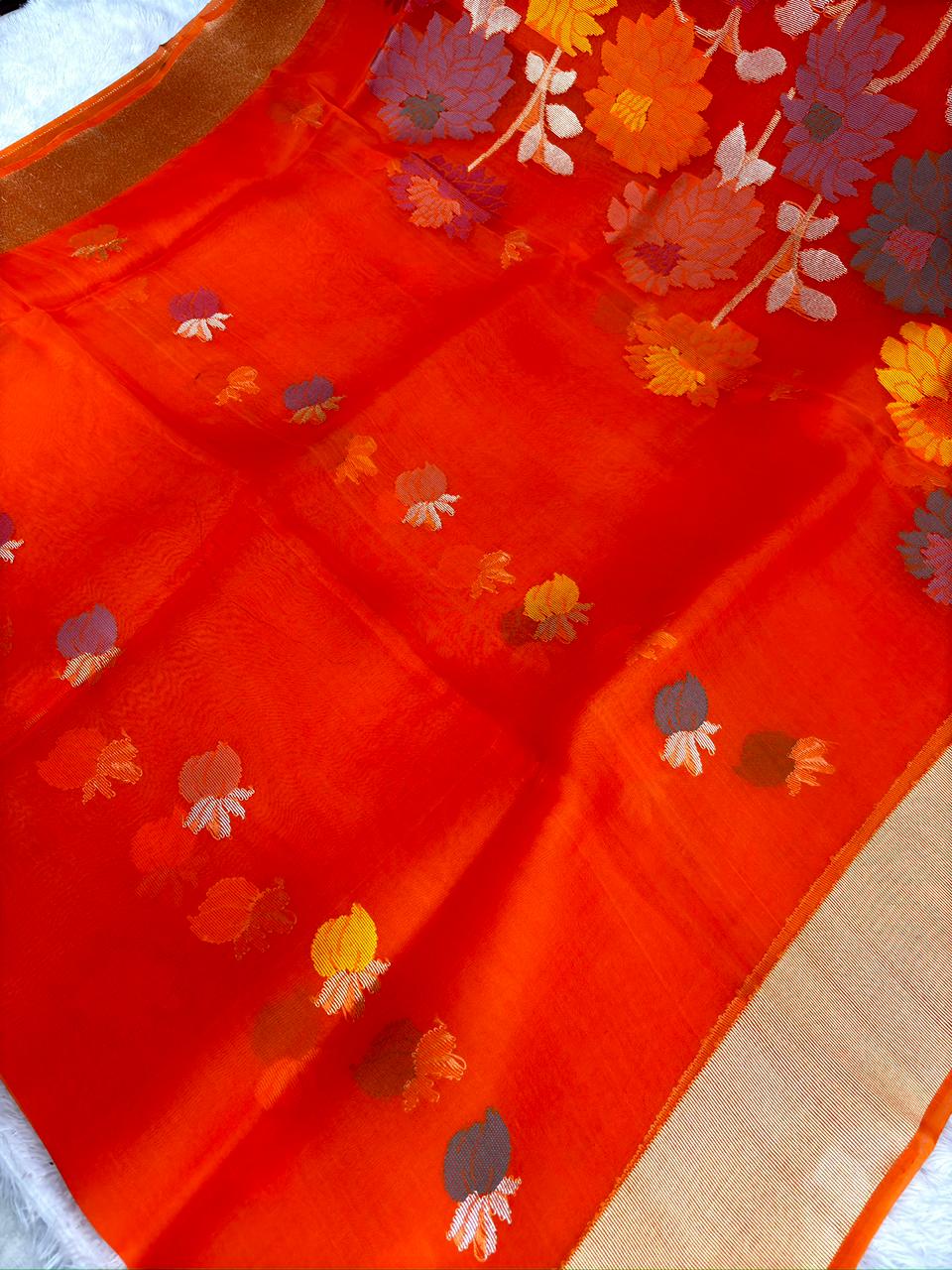 Sunset Orange Kora Kadhua Jamdani Handloom Saree with Multicolour Floral Jaal