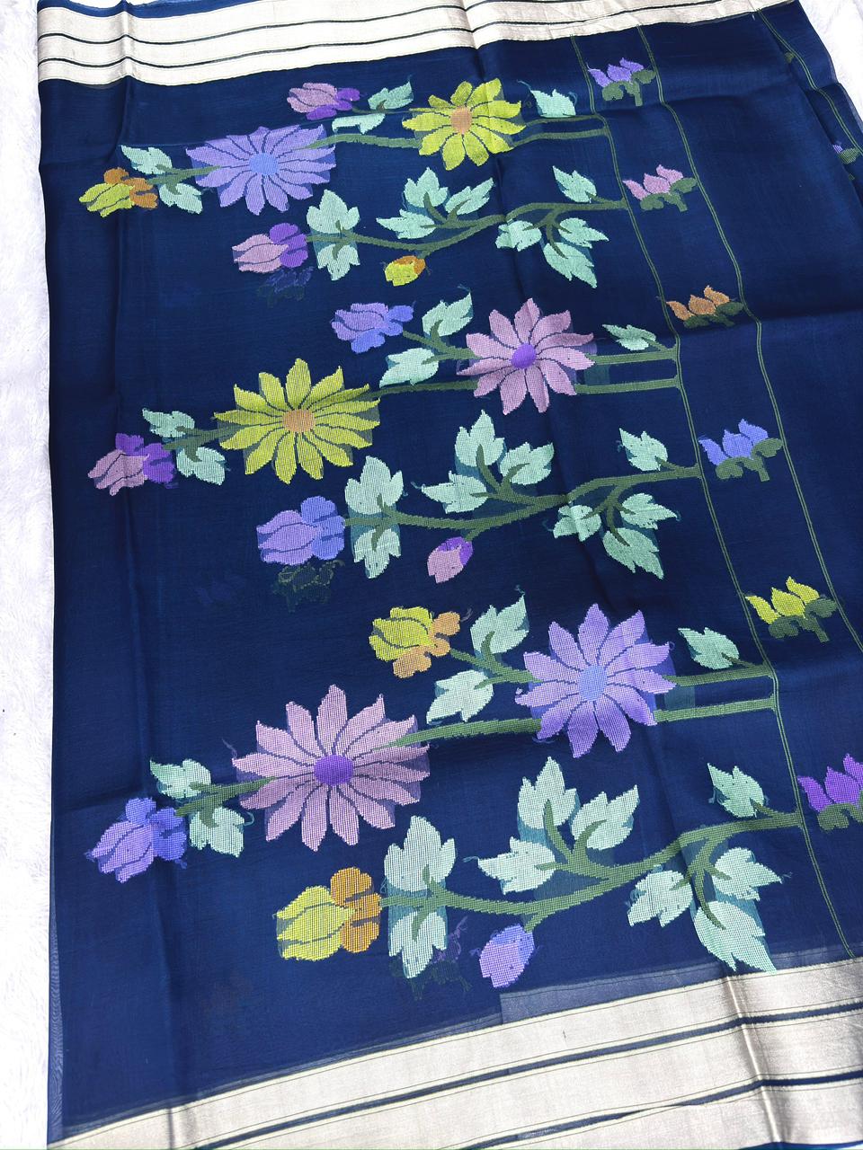 Midnight Indigo Kora Kadhua Jamdani Handloom Saree with Multicolour Floral Weave