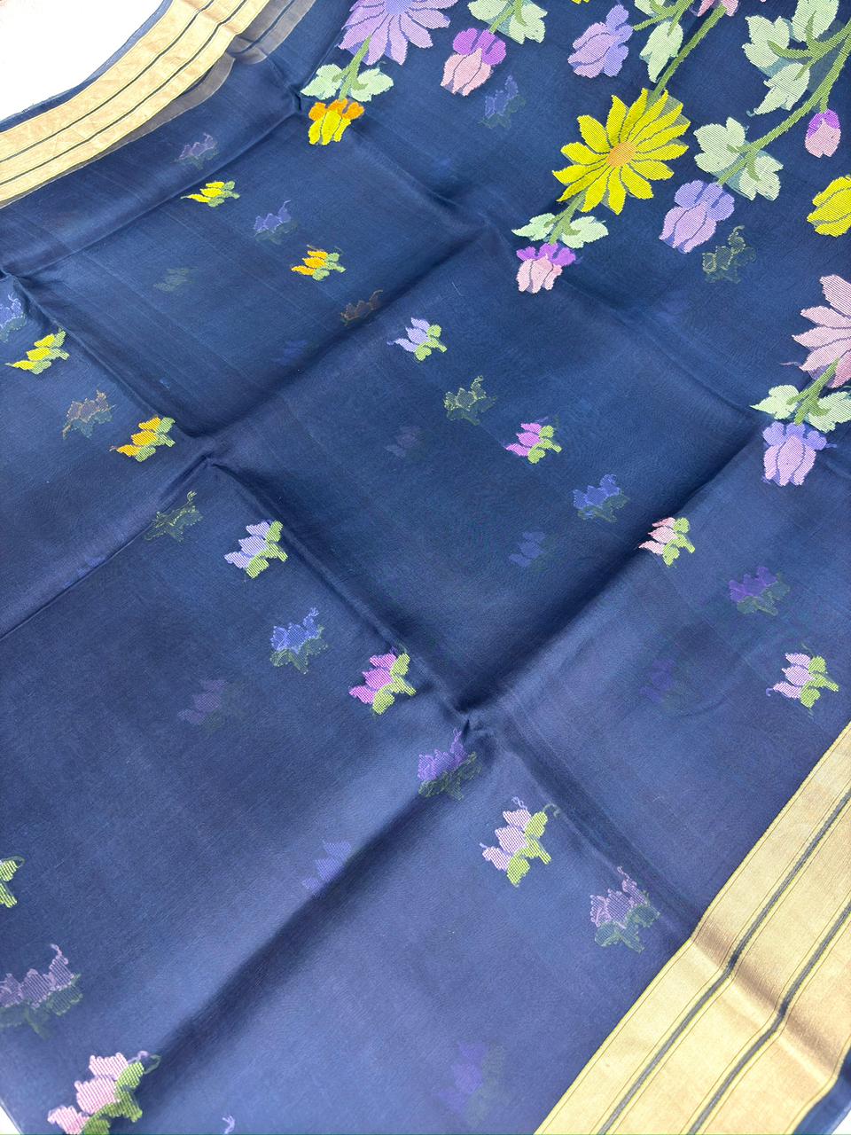 Midnight Indigo Kora Kadhua Jamdani Handloom Saree with Multicolour Floral Weave